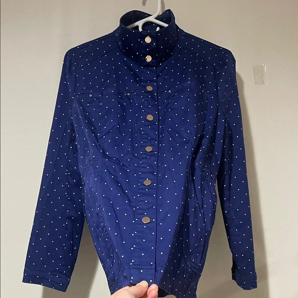 NWOT Chico's Luxe Twill  Stylish Navy Blue With White Polka Dot Utility Jacket - Picture 14 of 15